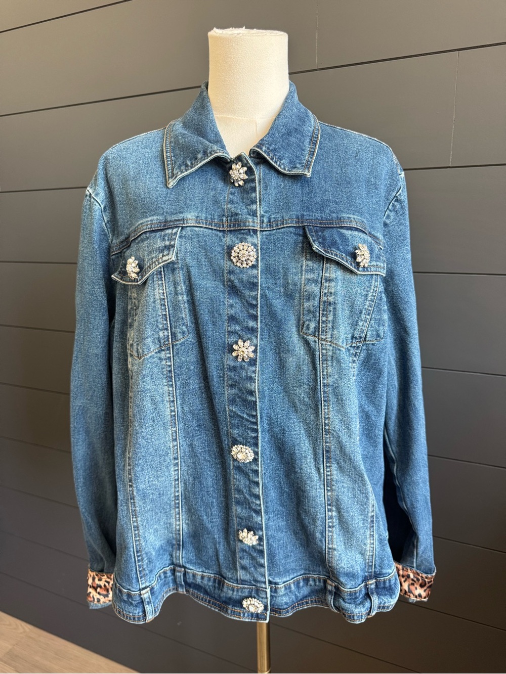 berek Vintage Blue Denim Jacket with Jewel Buttons Leopard Print Silk Lining